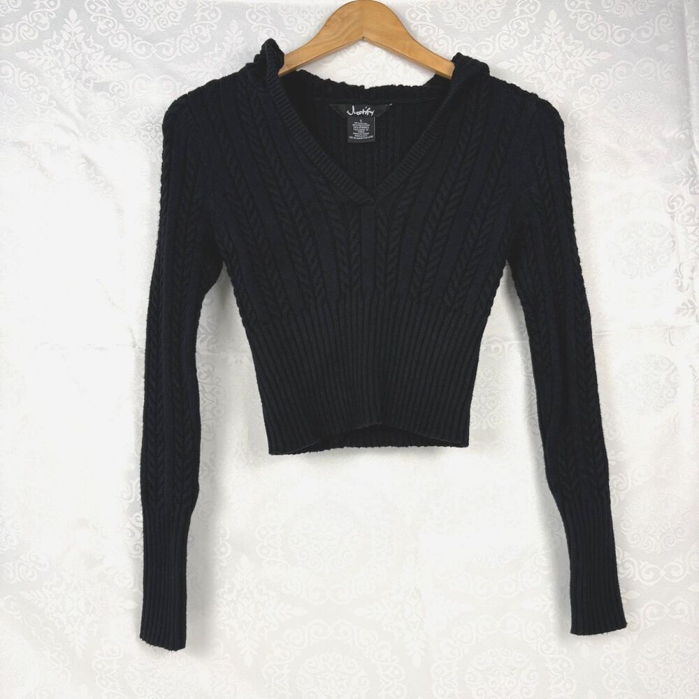 Y2K Sweater Justify Black Cropped Cable Knit Stretchy Skinny Sleeve Small